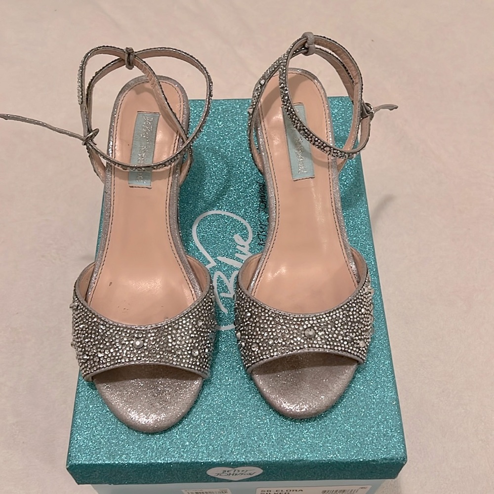 blue by Betsey Johnson silver rhinestone heels/wedge